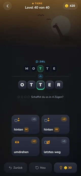 DREH-Spielbrett, Level 40 der Welt „Tiere“: Aus OTTER soll MOTTE werden, mit den Karten „hinten M“, „hinten W“, „umdrehen“ und „letztes weg“.