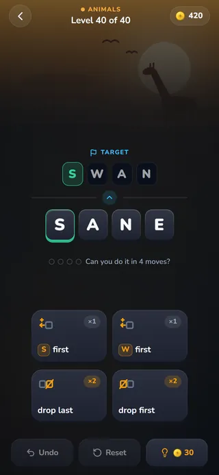 DREH board, level 40 of the Animals world: turn SANE into SWAN with the cards “S first”, “W first”, “drop last” and “drop first”.