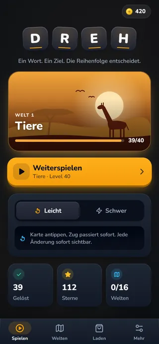 DREH-Startbildschirm: Schriftzug D R E H, die Welt „Tiere“ mit 39 von 40 gelösten Leveln und der Knopf „Weiterspielen“.