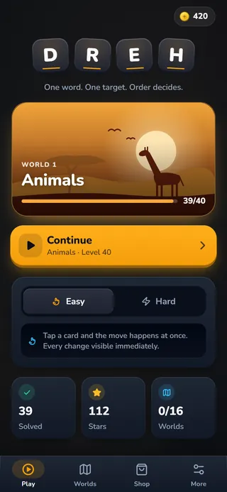 DREH home screen: the D R E H wordmark, the Animals world with 39 of 40 levels solved and the Continue button.