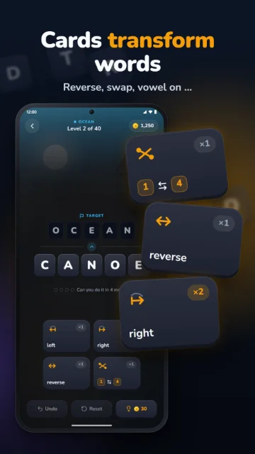 Cards transform words – Reverse, swap, vowel on …