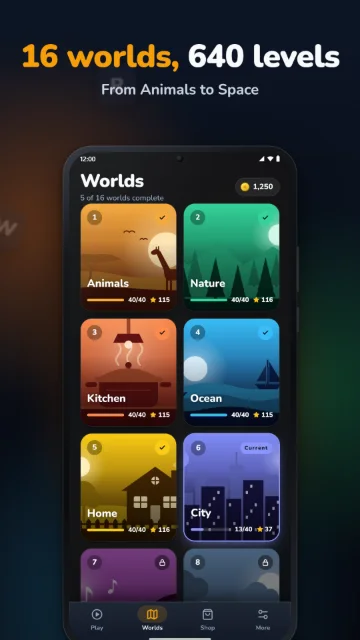 16 worlds, 640 levels – From Animals to Space