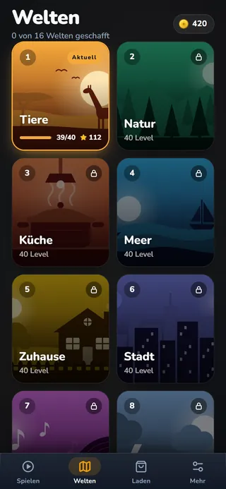 DREH-Weltenübersicht mit gezeichneten Welten: Tiere, Natur, Küche, Meer, Zuhause und Stadt.