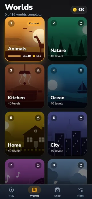 DREH world overview with illustrated worlds: Animals, Nature, Kitchen, Sea, Home and City.