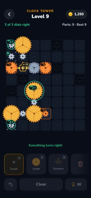 GANG board, level 9 of the world “Clock tower”: three motors, large brass and small steel gears meshing, a summing gear adding two speeds, and every dial turning right, ringed in green.
