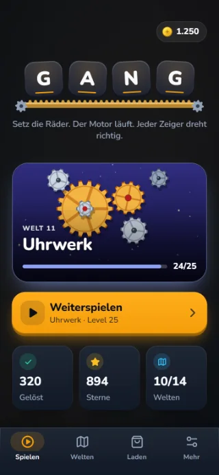 GANG-Startbildschirm: Schriftzug G A N G auf einer Messing-Zahnstange mit einem Stahlrad an jedem Ende, die Welt „Uhrwerk“ mit 24 von 25 gelösten Leveln und der Knopf „Weiterspielen“.