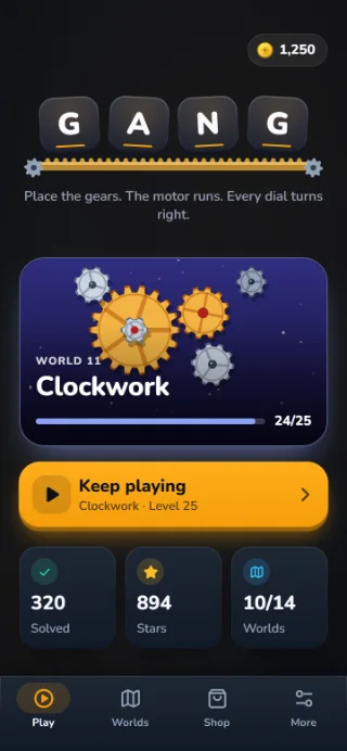 GANG home screen: the name G A N G on a brass rack with a steel gear at each end, the world “Clockwork” with 24 of 25 levels solved and the “Keep playing” button.