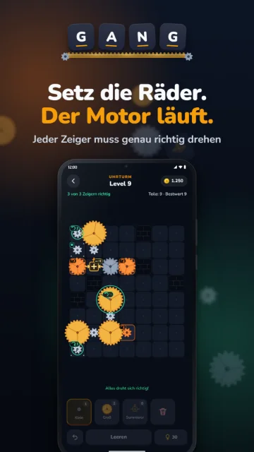 Setz die Räder. Der Motor läuft. – Jeder Zeiger muss genau richtig drehen