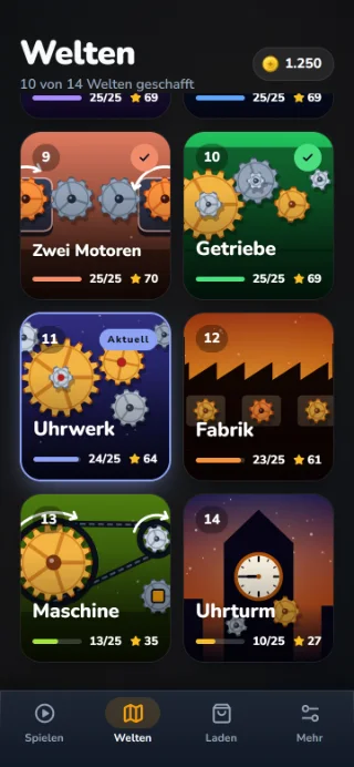 GANG-Weltenübersicht mit gezeichneten Welten: Zwei Motoren, Getriebe, Uhrwerk, Fabrik, Maschine und Uhrturm.