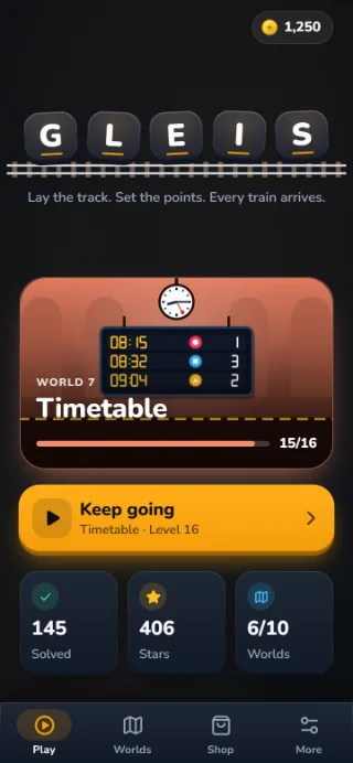 GLEIS home screen: the G L E I S wordmark on a track, the Timetable world with 15 of 16 levels solved and the Keep going button.
