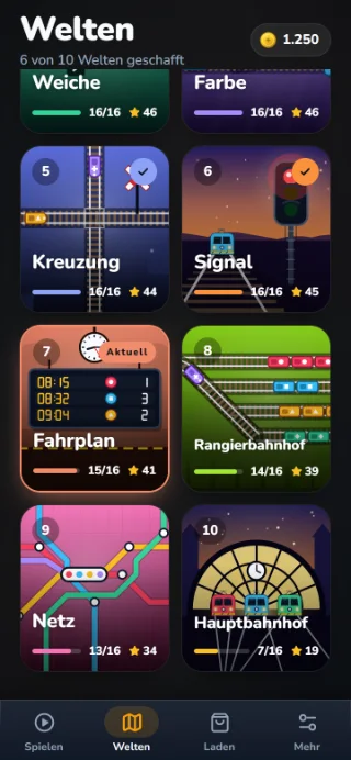 GLEIS-Weltenübersicht mit gezeichneten Bahnszenen: Kreuzung, Signal, Fahrplan, Rangierbahnhof, Netz und Hauptbahnhof.