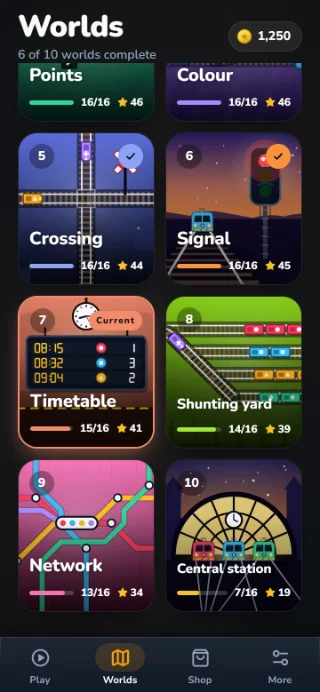 GLEIS world overview with illustrated railway scenes: Crossing, Signal, Timetable, Shunting yard, Network and Central station.