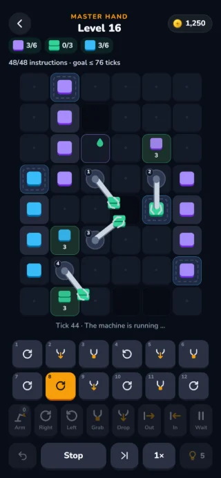 GRIFF board, level 16 of the Master Hand hall: four arms swing at once, grabbing tiles from the stores and stacking them for the outputs; below, one arm’s program.