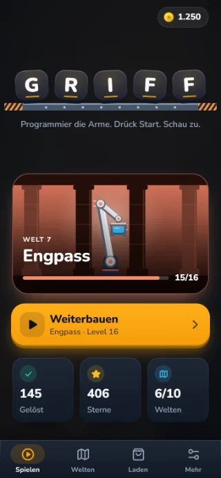 GRIFF-Startbildschirm: Schriftzug G R I F F, die Halle „Engpass“ mit 15 von 16 gelösten Leveln und der Knopf „Weiterbauen“.