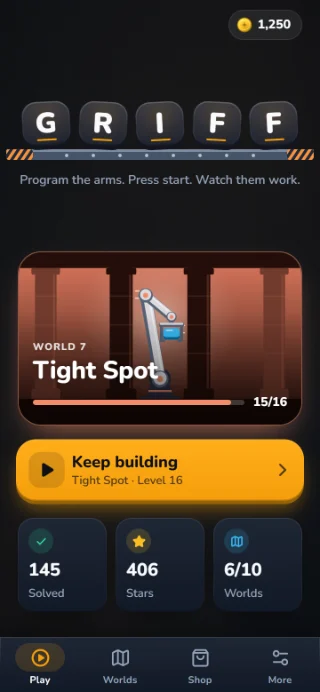 GRIFF home screen: the G R I F F wordmark, the Tight Spot hall with 15 of 16 levels solved and the Keep building button.