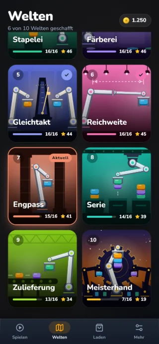 GRIFF-Weltenübersicht mit gezeichneten Hallen: Gleichtakt, Reichweite, Engpass, Serie, Zulieferung und Meisterhand.