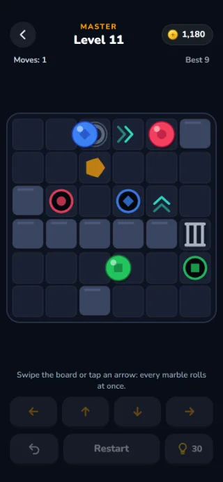 KIPP board, level 11 of the world “Master”: three marbles rolling across the board in the middle of a tilt, with holes in their colours, arrow cells, glue, a switch and a gate.