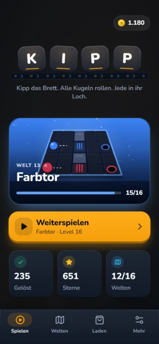 KIPP-Startbildschirm: Schriftzug K I P P, darunter die Welt „Farbtor“ mit 15 von 16 gelösten Leveln und der Knopf „Weiterspielen“.