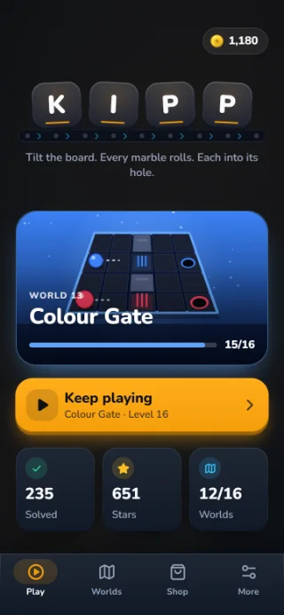KIPP home screen: the name K I P P, below it the world “Colour Gate” with 15 of 16 levels solved and the button “Keep playing”.