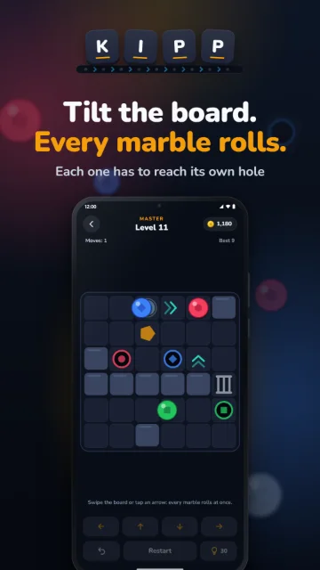 Tilt the board. Every marble rolls. – Each one has to reach its own hole