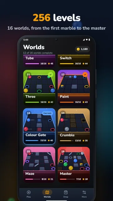 256 levels – 16 worlds, from the first marble to the master