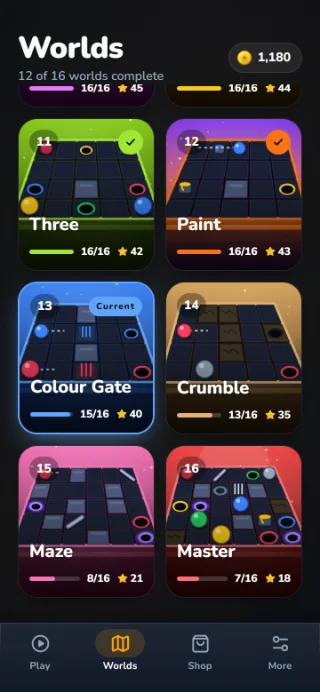 KIPP worlds overview with drawn boards: Three, Paint, Colour Gate, Crumble, Maze and Master.