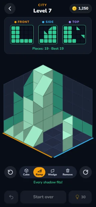 SCHATTEN board, level 7 of the City world: the sculpture of cubes, ramps and wedges stands finished in the room, every shadow fits and glows green on the walls; above, the three panels.