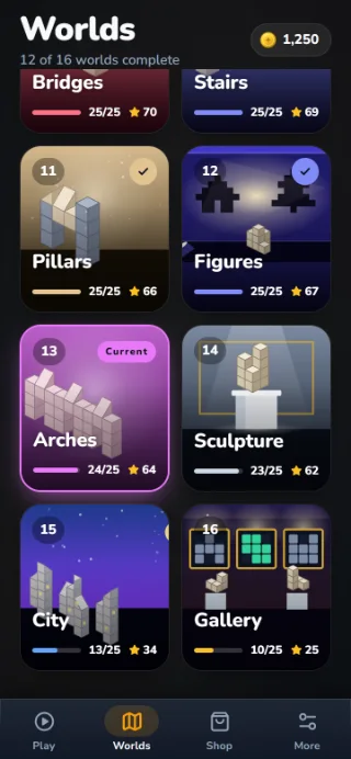 SCHATTEN world overview with illustrated rooms: Pillars, Figures, Arches, Sculpture, City and Gallery.