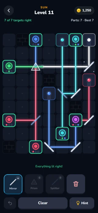 SPIEGEL board, level 11 of the Sun world: beams in five colours run over mirrors, splitters and a prism to seven targets, all lit right.