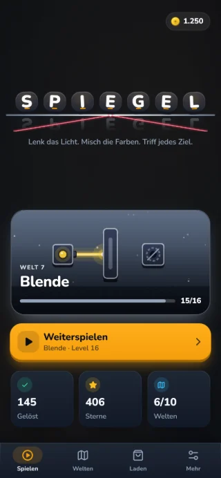 SPIEGEL-Startbildschirm: Schriftzug S P I E G E L auf einem Spiegel mit rotem Laserstrahl, die Welt „Blende“ mit 15 von 16 gelösten Leveln und der Knopf „Weiterspielen“.