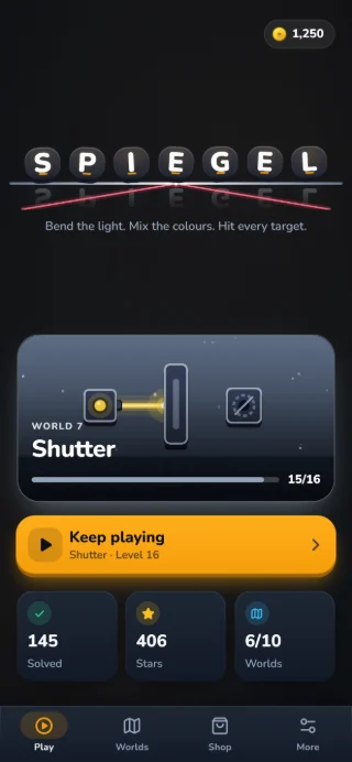 SPIEGEL home screen: the S P I E G E L wordmark standing on a mirror with a red laser beam, the Shutter world with 15 of 16 levels solved and the Keep playing button.