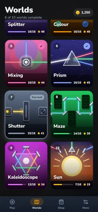 SPIEGEL world overview with illustrated worlds: Mixing, Prism, Shutter, Maze, Kaleidoscope and Sun.