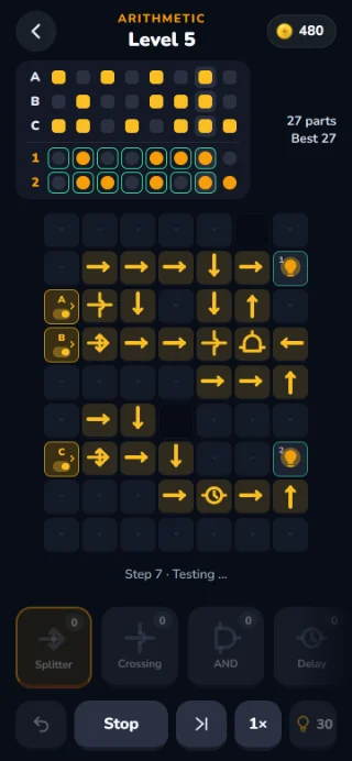 STROM board, level 5 of the Arithmetic world: the test is at step 7, current glows through wires, splitters, crossings and a delay up to two lamps; above, the test table.