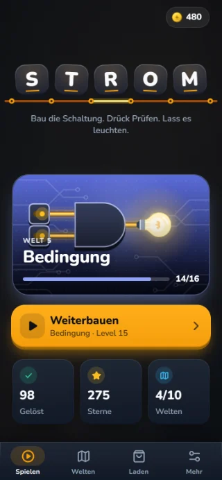 STROM-Startbildschirm: Schriftzug S T R O M, die Welt „Bedingung“ mit 14 von 16 gelösten Leveln und der Knopf „Weiterbauen“.