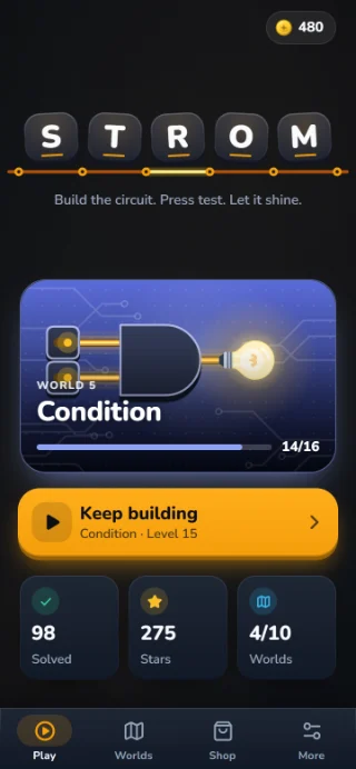 STROM home screen: the S T R O M wordmark, the Condition world with 14 of 16 levels solved and the Keep building button.