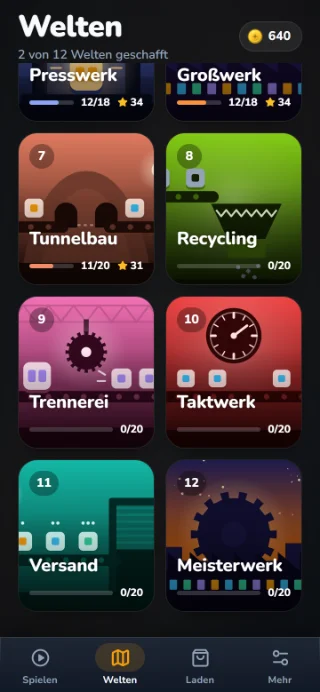 WERK-Weltenübersicht mit gezeichneten Hallen: Tunnelbau, Recycling, Trennerei, Taktwerk, Versand und Meisterwerk.