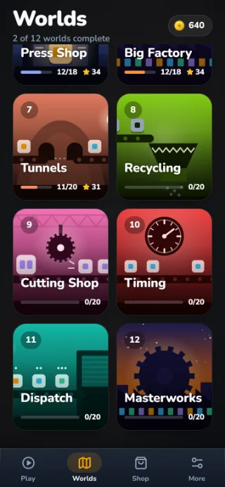 WERK world overview with illustrated halls: Tunnels, Recycling, Cutting Shop, Timing, Dispatch and Masterworks.