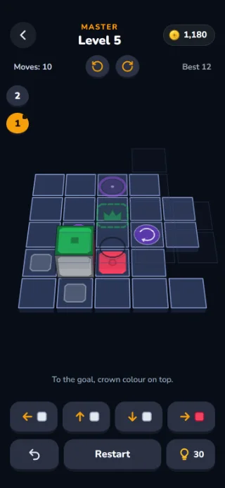 WÜRFEL board in 3D, level 5 of the world “Master”: the cube with a green top stands on the lower of two floors, prints of its faces round it, with a stamp tile, a crown goal, portals and a turntable.