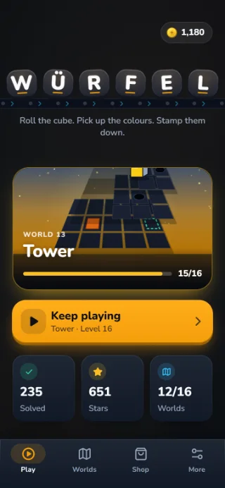 WÜRFEL home screen: the wordmark W Ü R F E L, below it the world “Tower” with 15 of 16 levels solved and the “Keep playing” button.