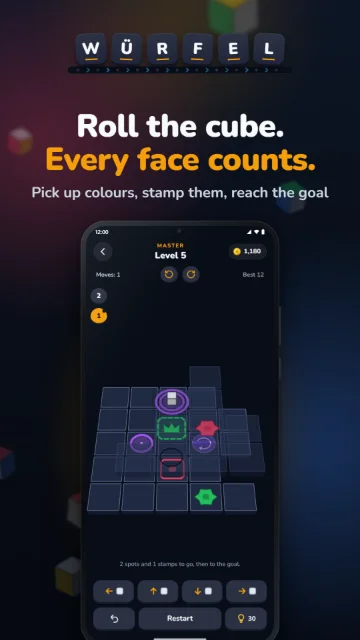 Roll the cube. Every face counts. – Pick up colours, stamp them, reach the goal