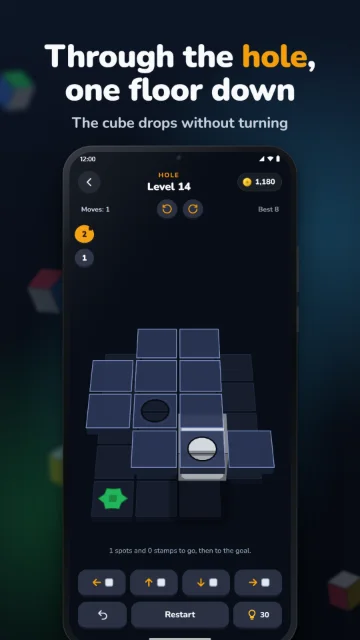 Through the hole, one floor down – The cube drops without turning