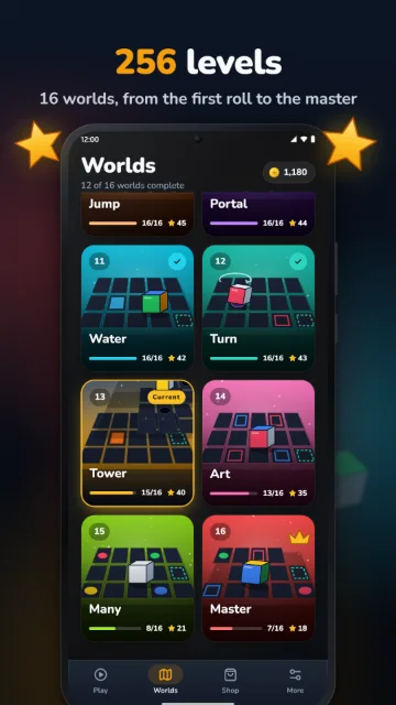 256 levels – 16 worlds, from the first roll to the master