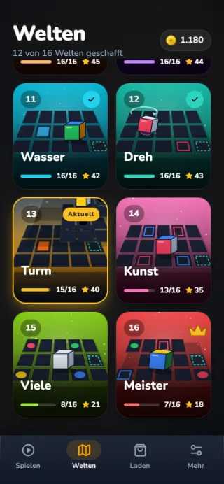 WÜRFEL-Weltenübersicht mit gezeichneten Brettern: Wasser, Dreh, Turm, Kunst, Viele und Meister.