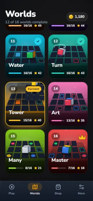 WÜRFEL world overview with drawn boards: Water, Turn, Tower, Art, Many and Master.